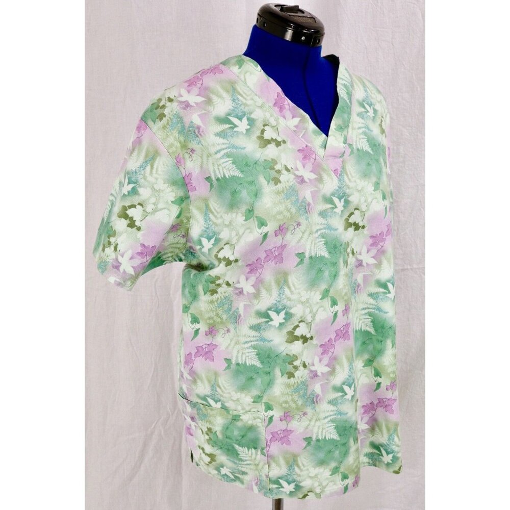 MG Medgear Scrub Top Women XL Green Leaf Floral Medical Uniform Shirt V Neck VTG - Picture 9 of 12